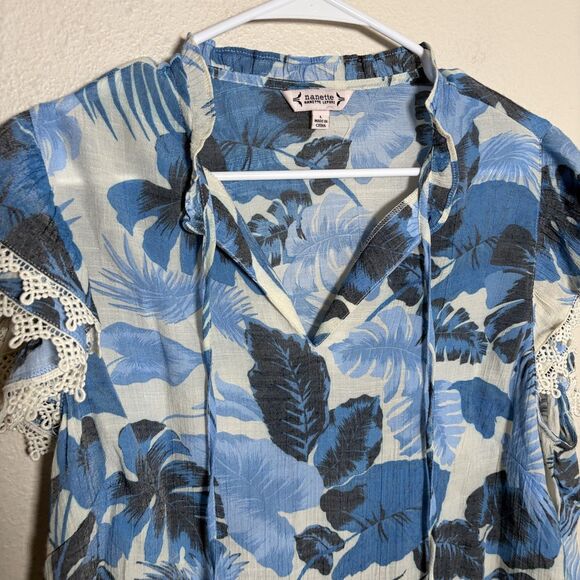 Nanette Lepore Blouse Women's Large Blue V-Neck Ruffle Lace Sheer Vacation Top - Picture 2 of 8